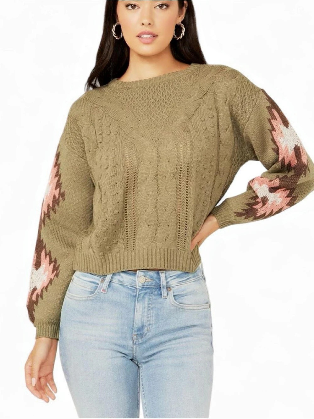 Rock & Roll Denim Women's Geometric Knit Sweater Green & Pink Large